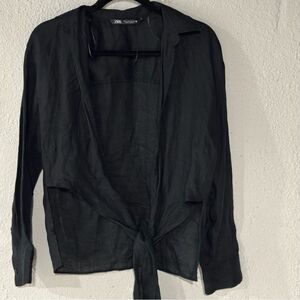 ZARA Women's Black Washed Hi-Lo Open Tie-Front Collared Long Sleeve Top SZ L